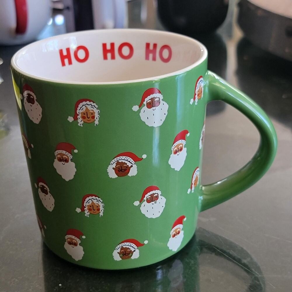 Green Christmas Coffee Mug Novelty Santa Faces Ho Ho Ho Ceramic Holiday Cup